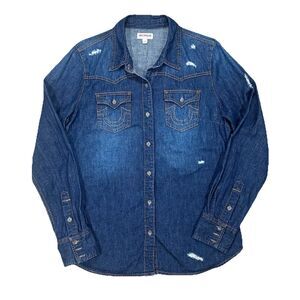 True Religion Georgia Denim Shirt Women Size XL Western Snap Button Cowgirl